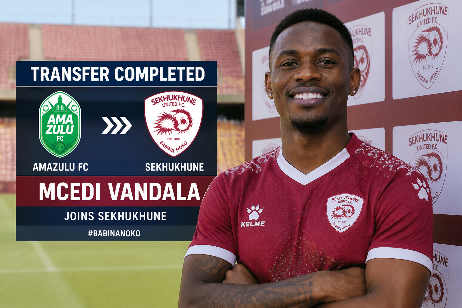 Portrait of Mcedi Vandala in a maroon Sekhukhune United jersey beside a transfer banner showing AmaZulu FC to Sekhukhune and his smile. Portrait of Mcedi Vandala in a maroon Sekhukhune United jersey beside a transfer banner showing AmaZulu FC to Sekhukhune and his smile.