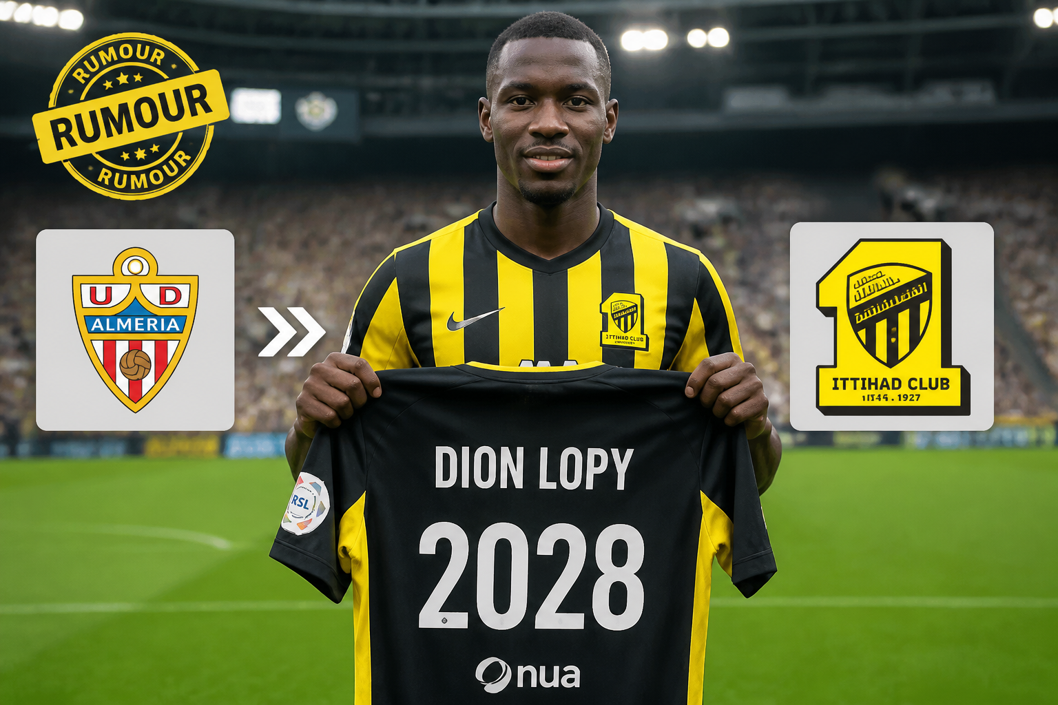 Soccer player in yellow-black kit holding a jersey that reads 'DION LOPY 2028' with Almería and Ittihad Club logos on either side, signaling a transfer rumor.
