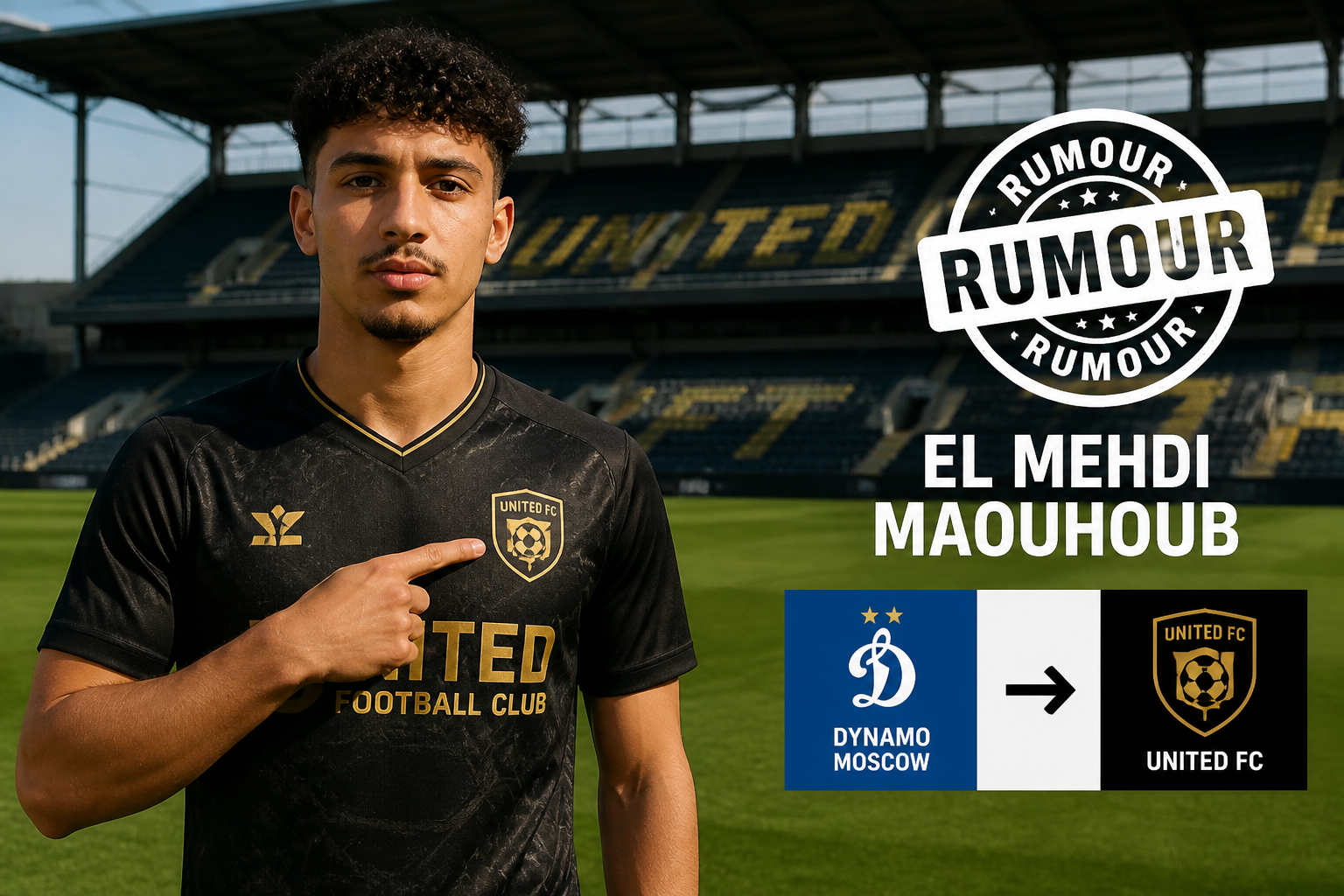 Young soccer player in black United FC jersey points to logo on chest at a stadium; text overlays show El Mehdi Maouhoub and Dynamo Moscow vs United FC results.