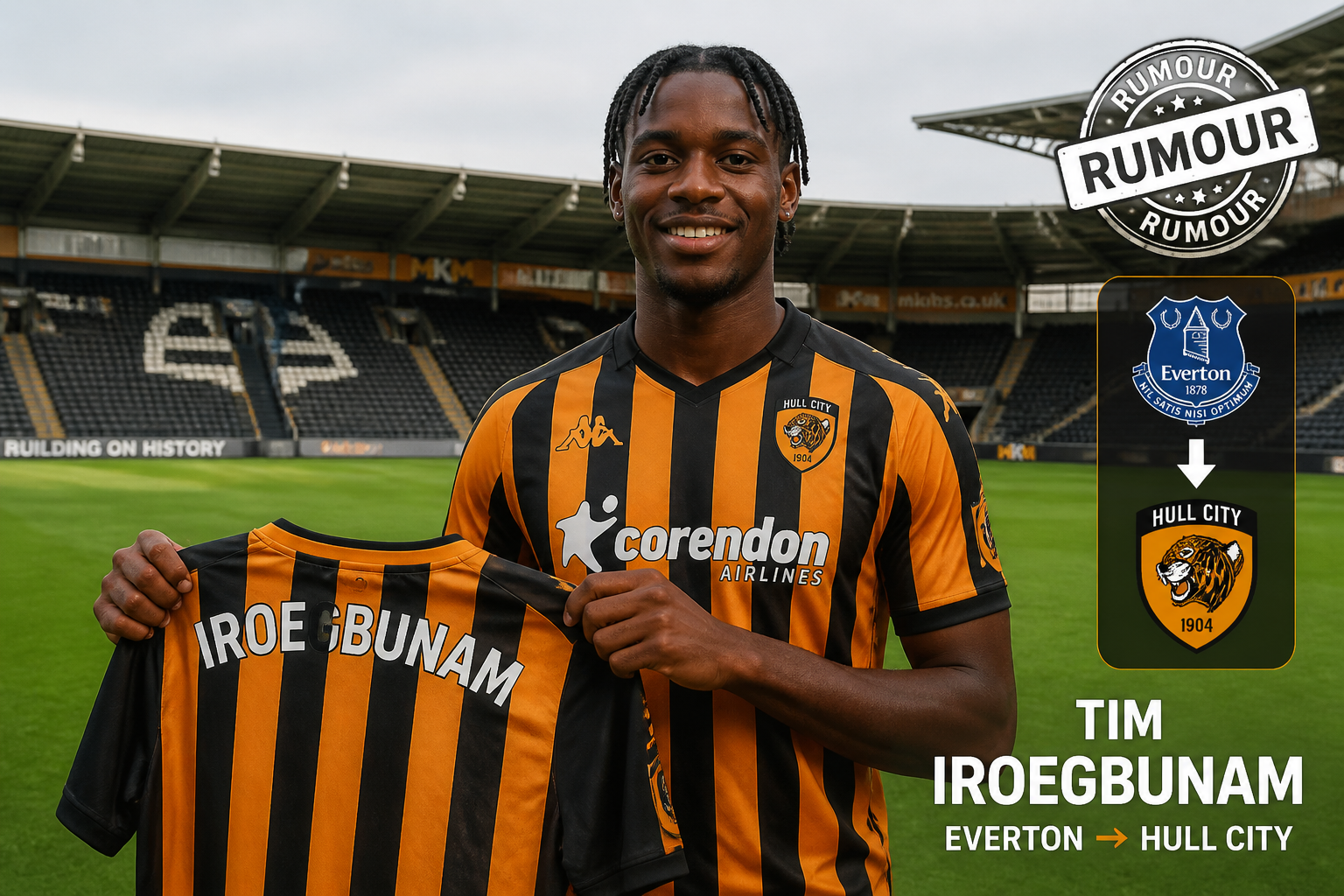 Portrait of Tim Iroegbunam in Hull City colors on a stadium pitch, holding a Hull City jersey with his name on it.