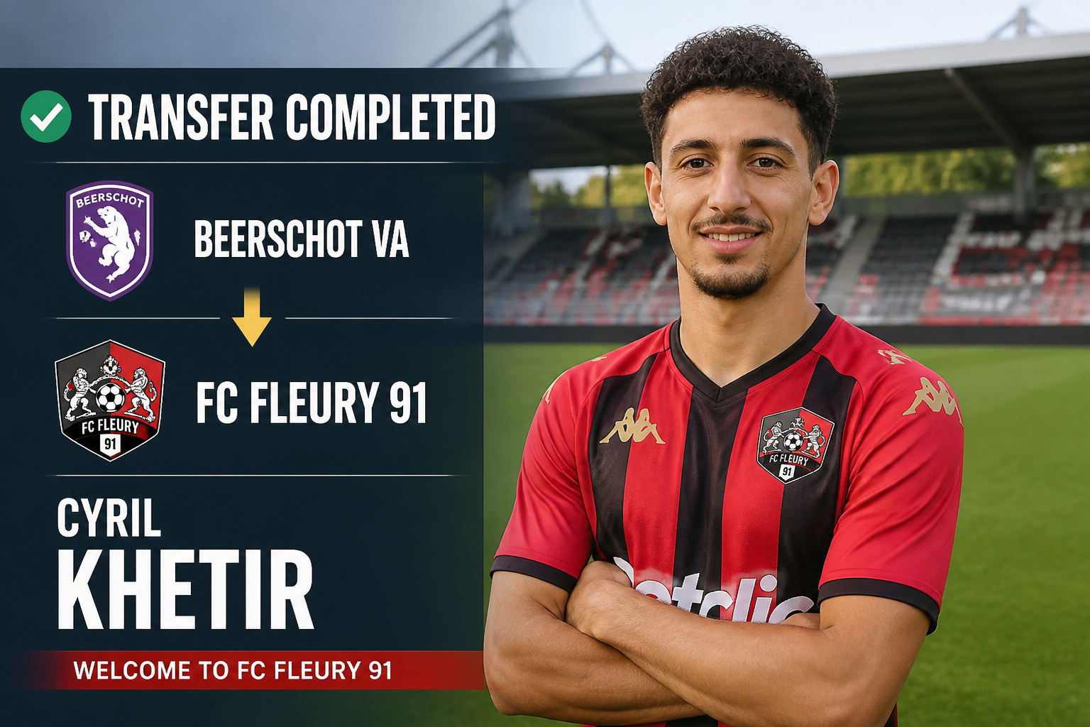Poster-style transfer announcement: Cyril Khetir joins FC Fleury 91 from Beerschot VA, with team logos on the left and a portrait on the right in a stadium setting.