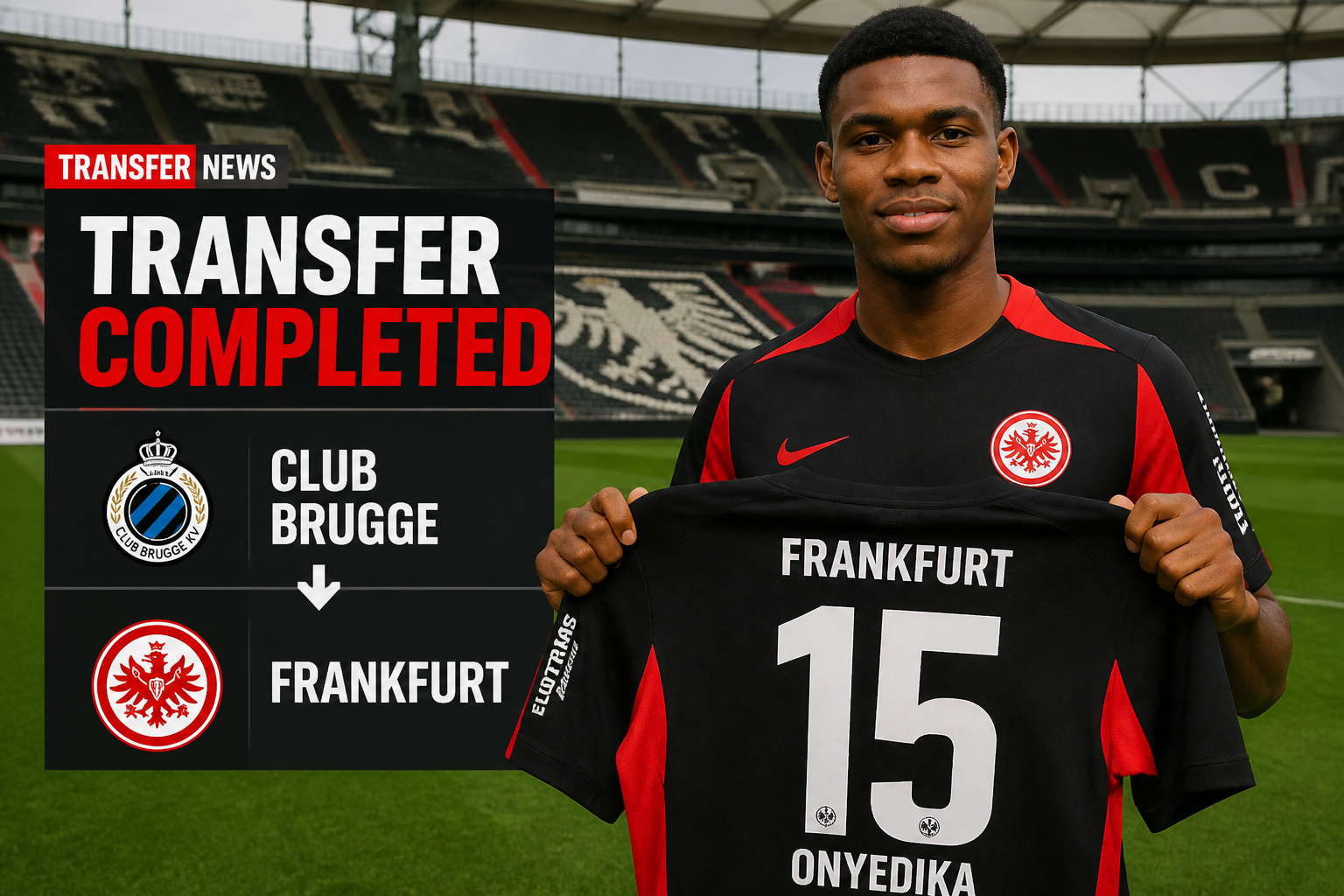 Transfer completed: graphic announces move to Frankfurt as a player holds a Frankfurt jersey on a stadium pitch.