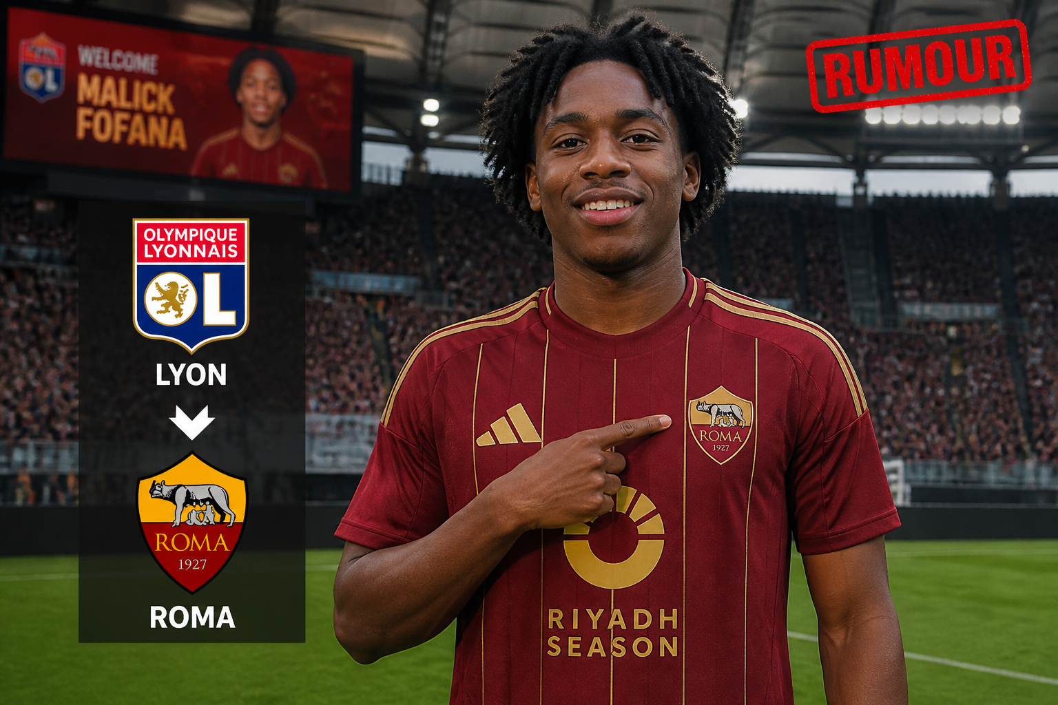 Young footballer in AS Roma kit points to the Roma crest on his chest, with Lyon–Roma graphic and a 'RUMOUR' stamp in the corner, suggesting a transfer rumor.