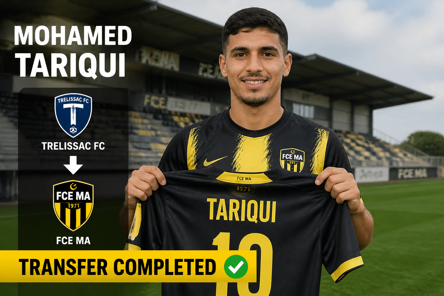 Mohamed Tariqui holds up his new FCE MA jersey on a training ground as a bold “TRANSFER COMPLETED” banner runs across the bottom.