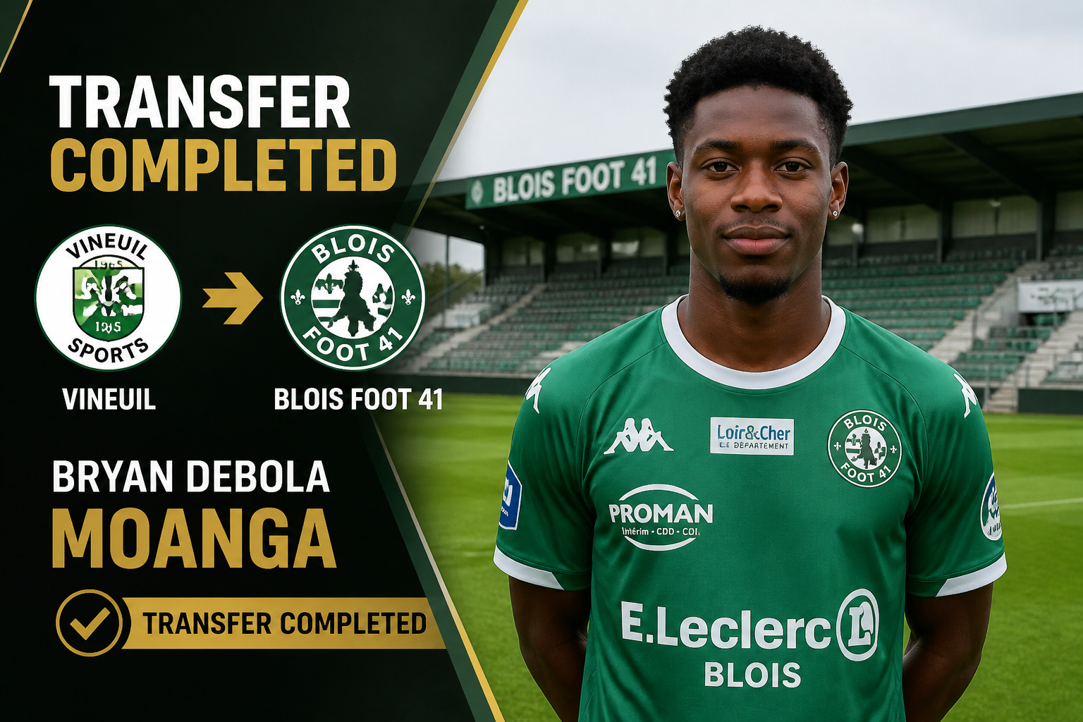 Transfer completed: Bryan Debola Moanga joins Blois Foot 41; portrait on a football pitch after the move. Transfer completed: Bryan Debola Moanga joins Blois Foot 41; portrait on a football pitch after the move.