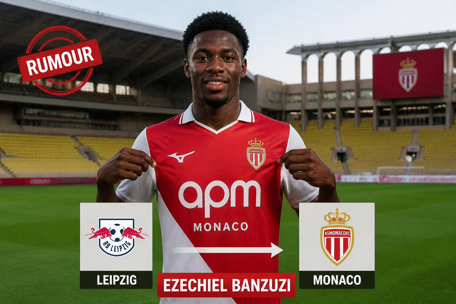 Soccer player Ezechiel Banzuzi in a red-and-white Monaco kit points to two logos: RB Leipzig and AS Monaco, with a 'RUMOUR' stamp above left.