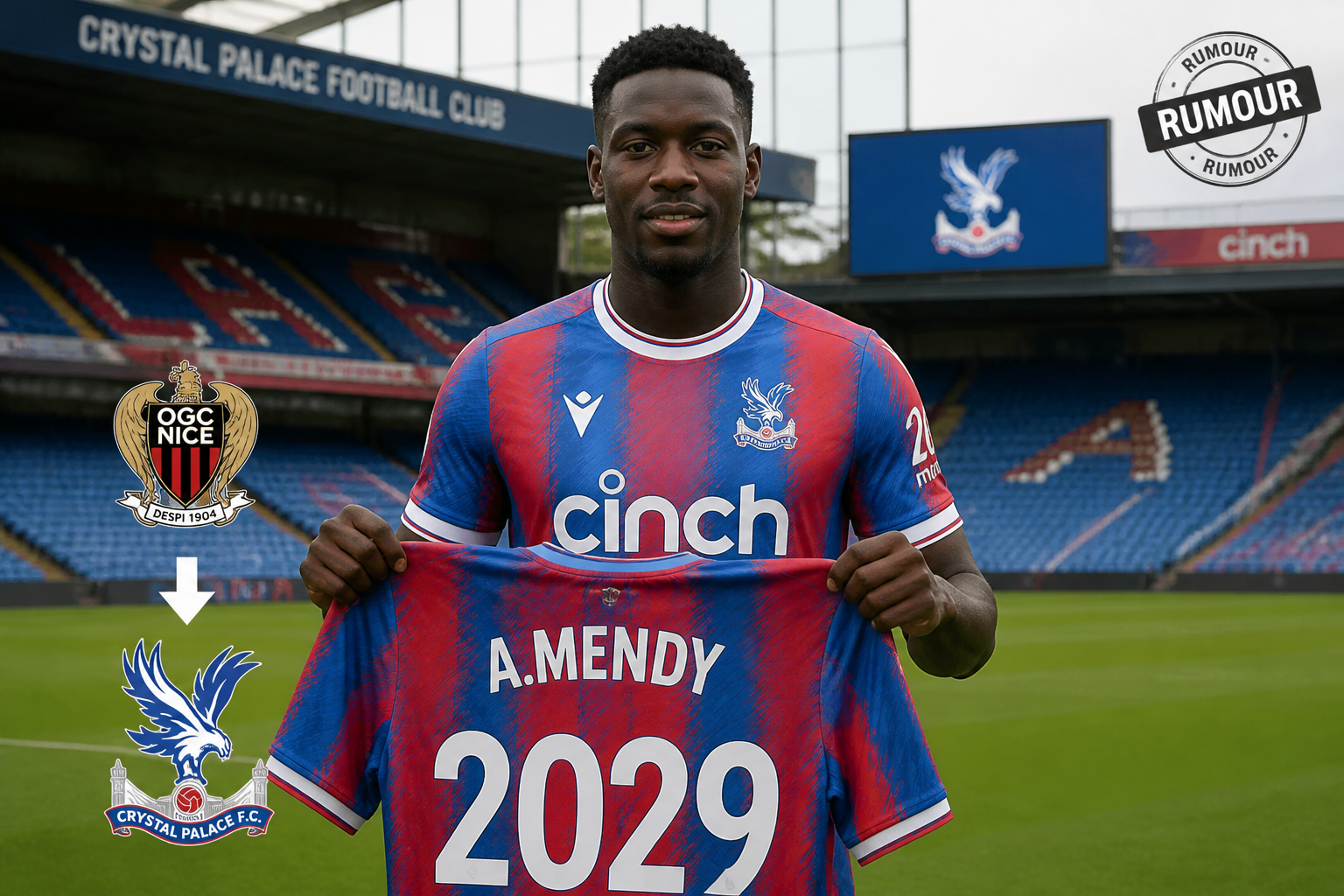 Crystal Palace footballer A. Mendy stands on the pitch, holding a blue-and-red jersey that reads 'A. MENDY' and '2029' with club logos in the background.