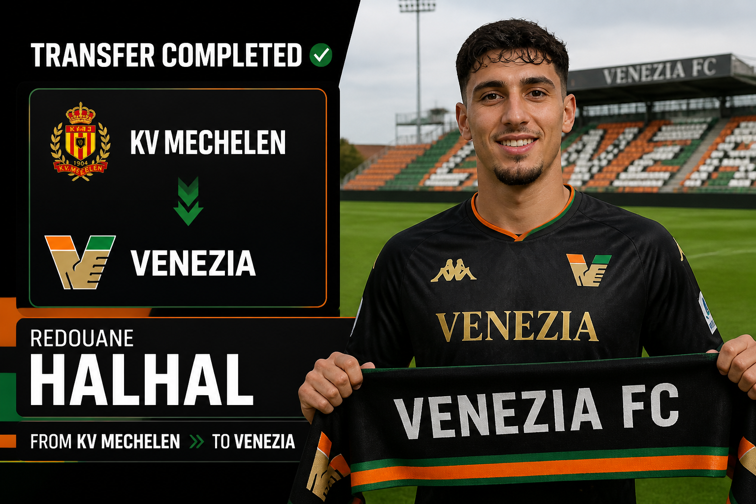 Transfer completed: KV Mechelen to Venezia, with a smiling player holding a Venezia FC scarf on a stadium pitch.