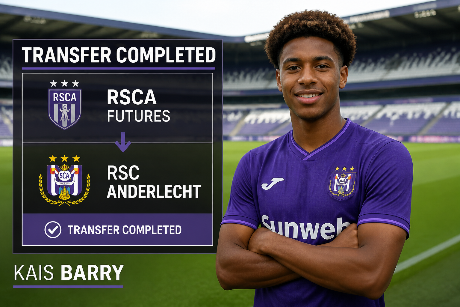 Footballer in purple RSCA jersey stands with folded arms beside a transfer board reading 'Transfer Completed' to RSC Anderlecht, KAIS BARRY