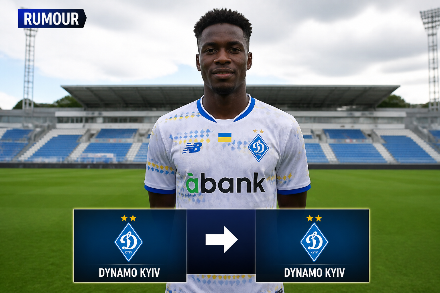 Soccer player in a Dynamo Kyiv jersey stands on a stadium pitch with a 'RUMOUR' banner in the corner and a three-panel graphic showing the Dynamo Kyiv crest with an arrow in the center and 'DYNAMO KYIV' text on the side panels.