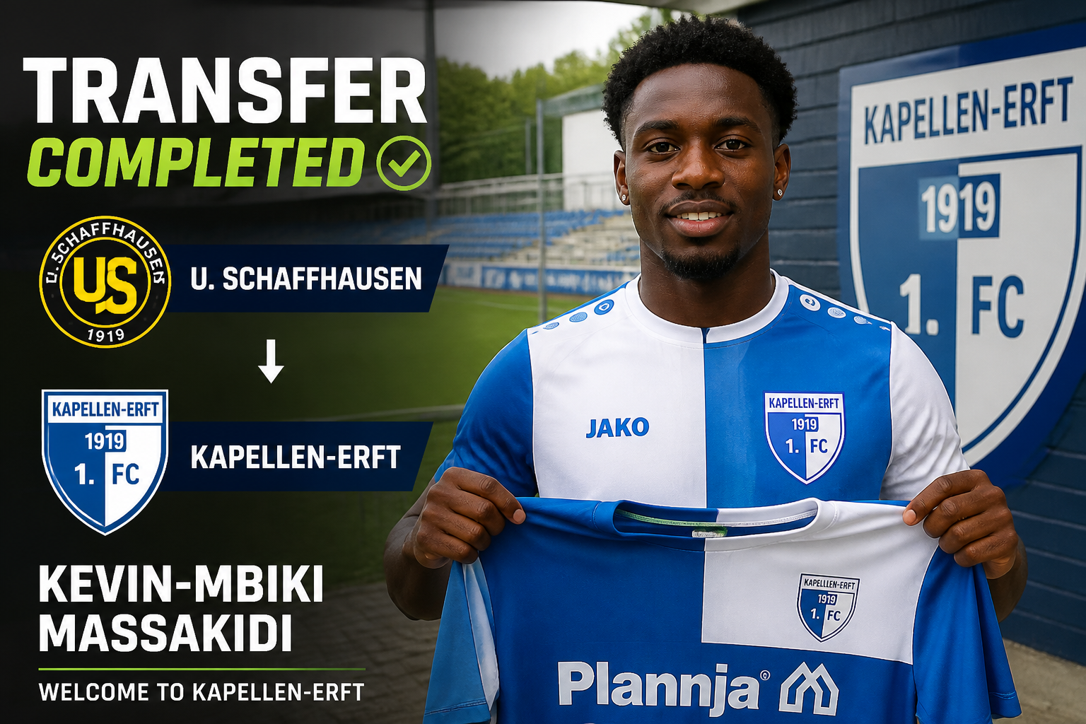 Footballer Kevin-Mbiki Massakidi poses with Kapellen-Erft jersey, announcing transfer completed; club crest and 'Welcome to Kapellen-Erft' visible.