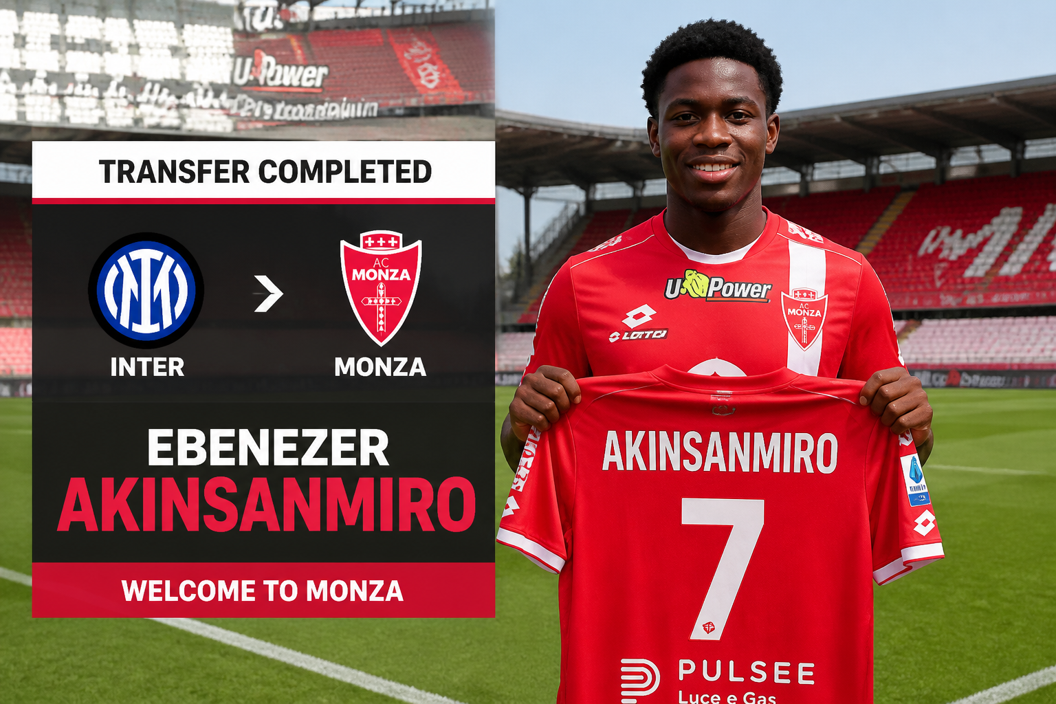 Player on a stadium pitch holding a red Akinsanmiro jersey (#7) beside a 'TRANSFER COMPLETED' banner.