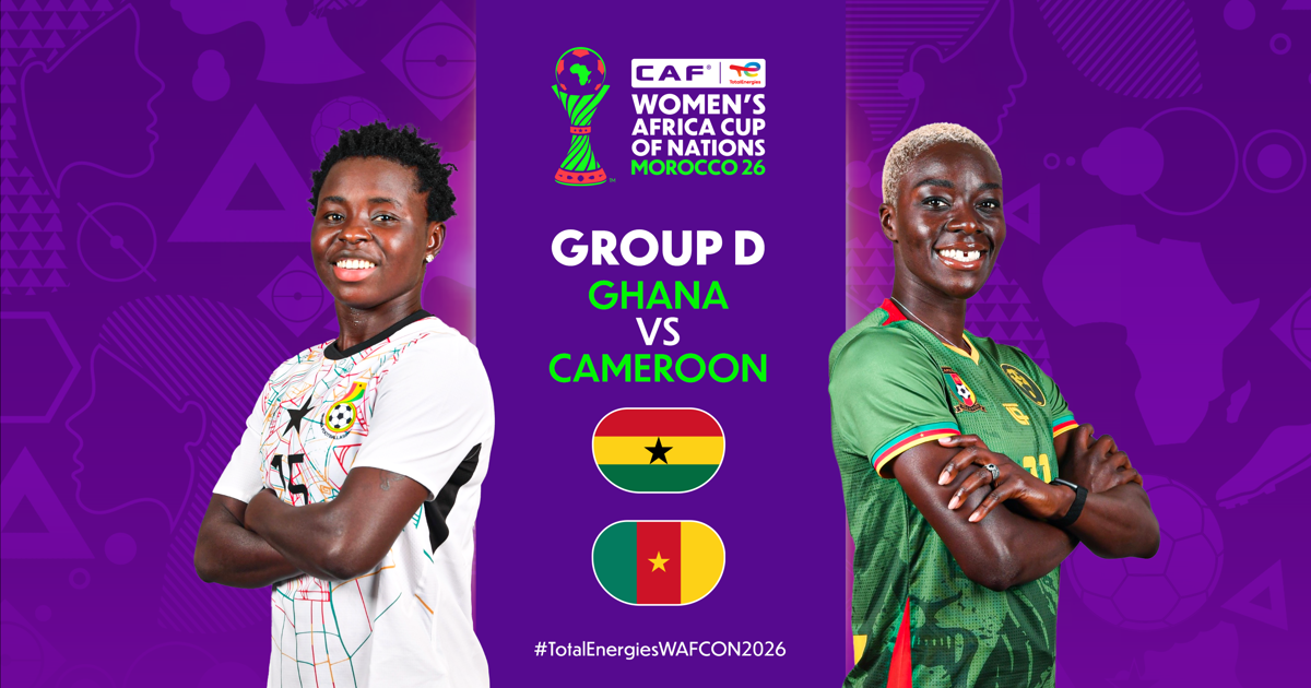 Promotional banner for CAF Women's Africa Cup Nations 2026, Group D Ghana vs Cameroon, with players on either side and country flags in the center.