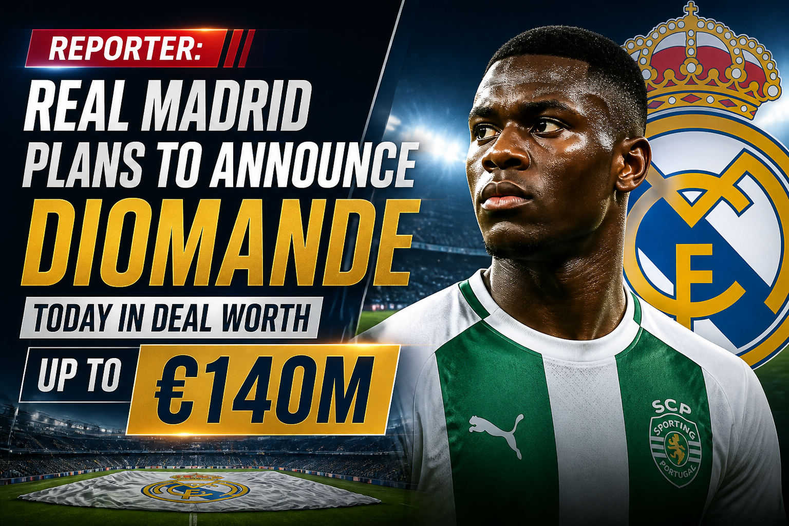 Sports news banner: Real Madrid plans to announce Diomande deal worth up to €140M, with Real Madrid crest in the background.