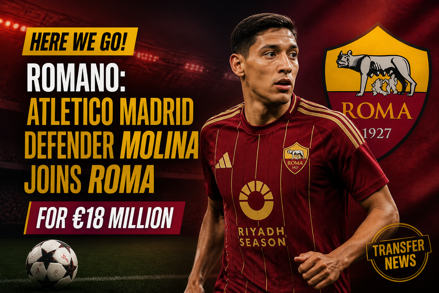 Romano: Defender Molina joins Roma for €18 million; Juventus? (Image shows a Roma player in jersey with club crest.)