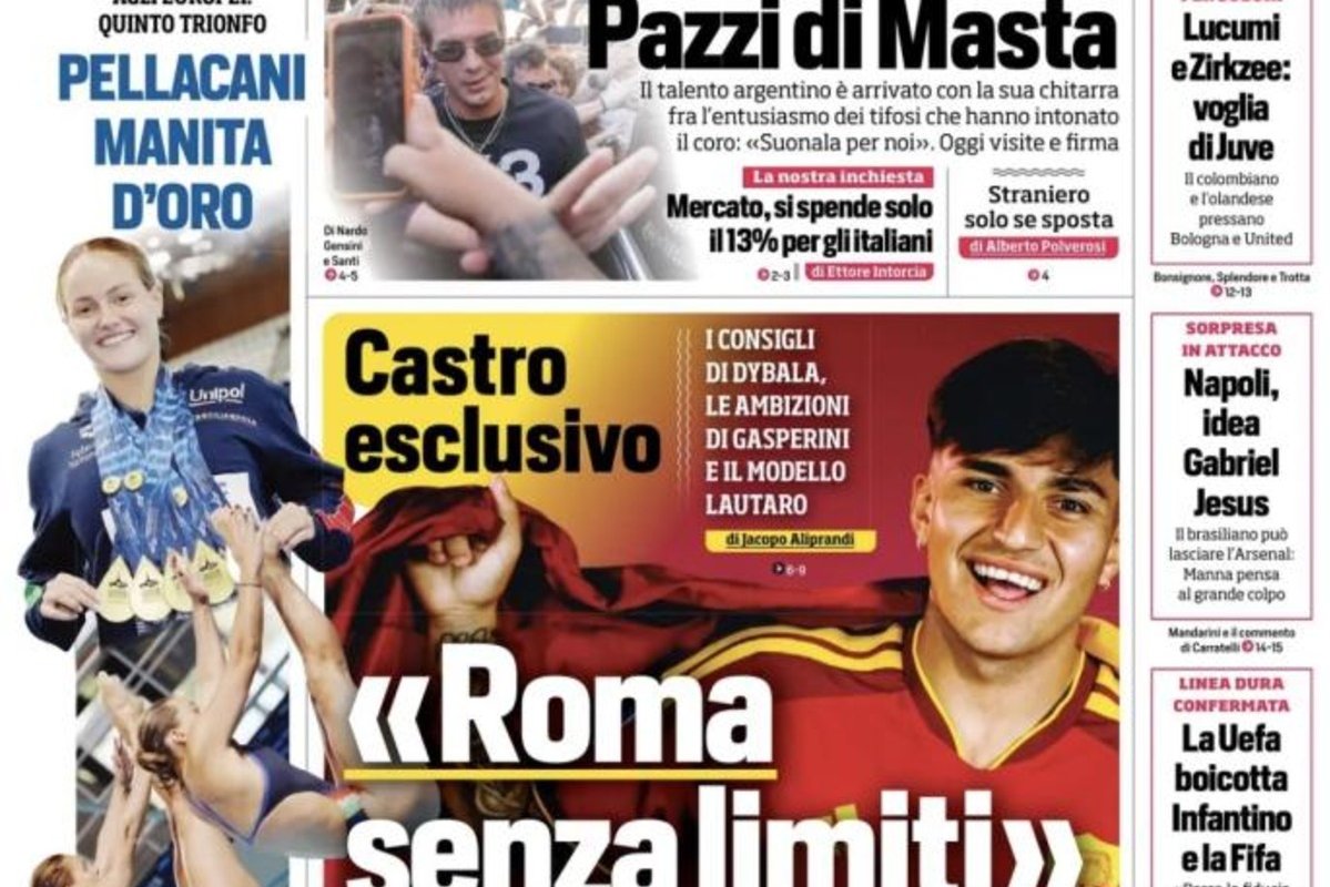 Front page of an Italian sports newspaper with the bold headline 'Roma senza limiti' and a smiling footballer in a Roma kit surrounded by other images and headlines.