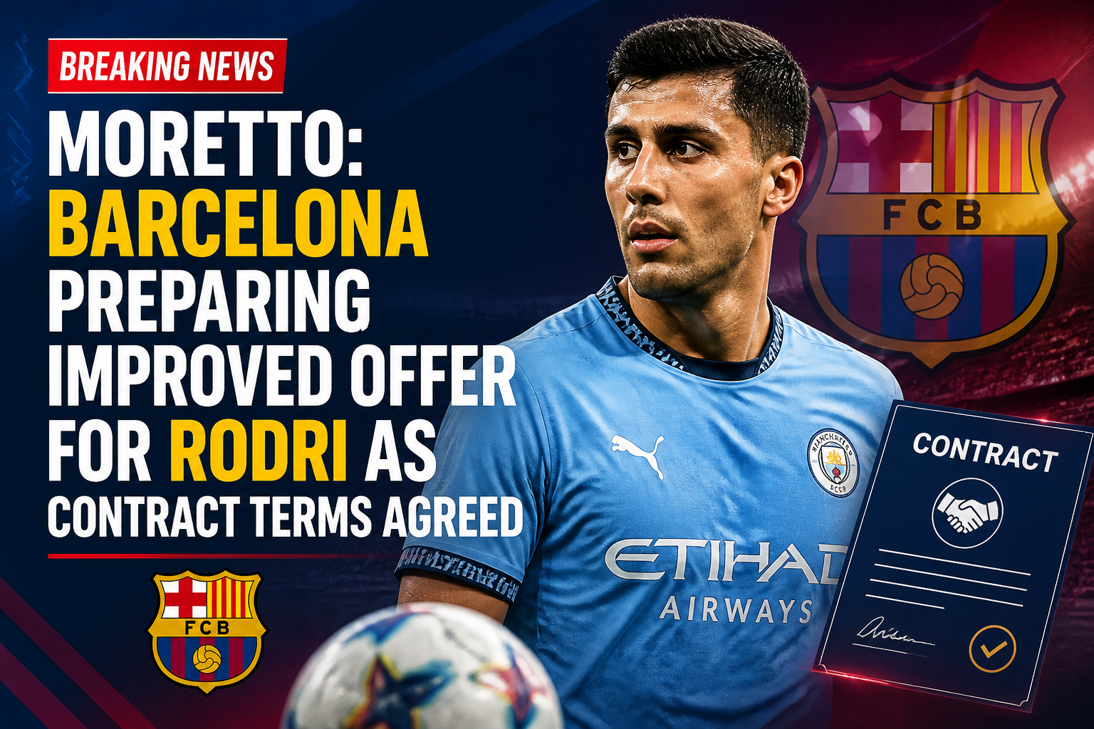 Breaking news banner: Barcelona preparing an improved contract offer for Rodri, with a contract document shown beside the player.