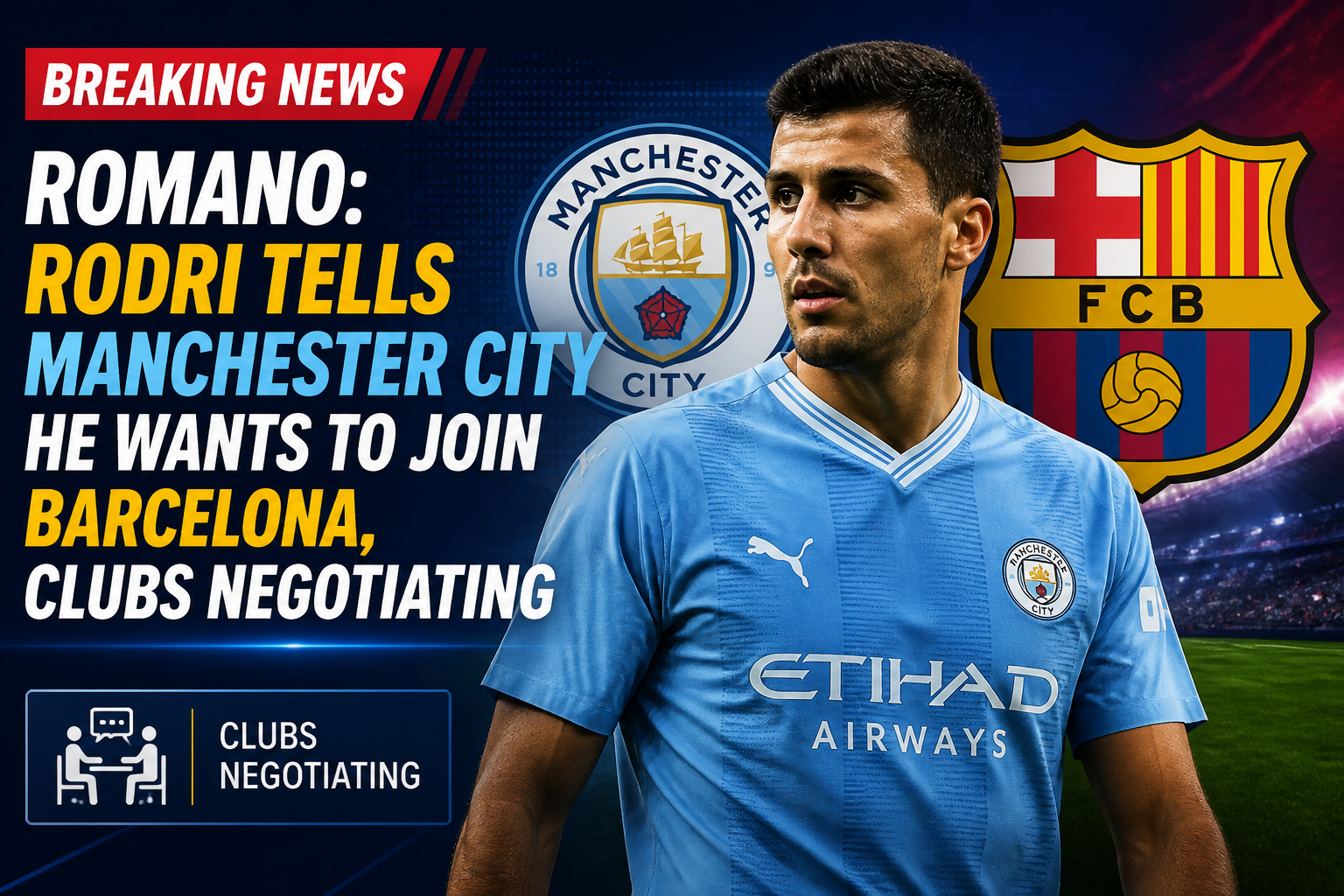 Breaking news banner with a Manchester City player in blue kit; Manchester City and Barcelona crests in the background, with a headline that Rodri wants to join Barcelona and clubs negotiating.