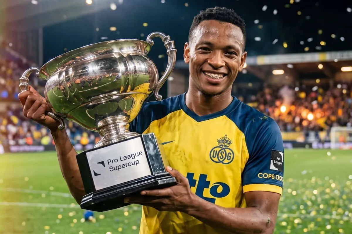 Soccer player in a yellow and blue kit holding a large silver trophy on a field with confetti scattered around.