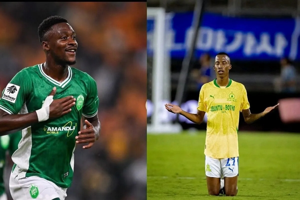 Split-screen image of a soccer player in a green jersey celebrating with a hand on his chest, and a player in a yellow kit kneeling with arms outstretched on the field.
