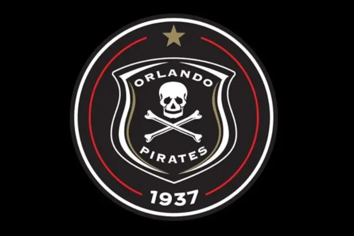 Orlando Pirates football club crest: black circular badge with skull and crossbones, 'Orlando Pirates' text, year 1937.